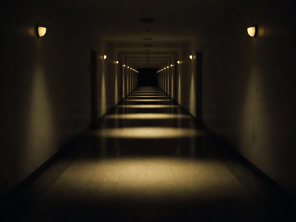 A long empty corridor with deep shadows between warm pools of light