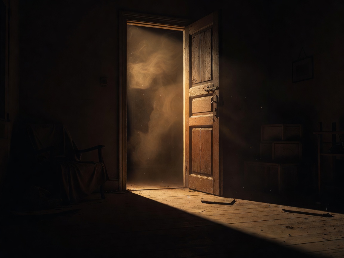 Warm light spilling through a partly opened door into a dark room