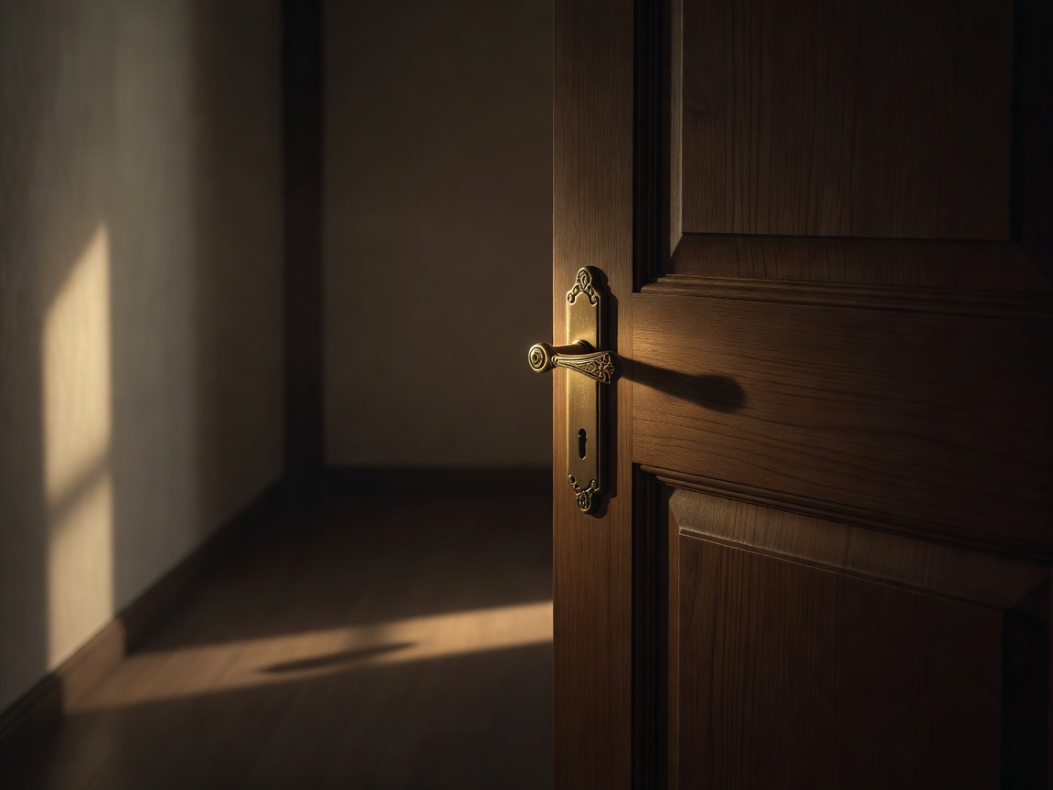 A partly opened interior door with its brass handle catching warm light