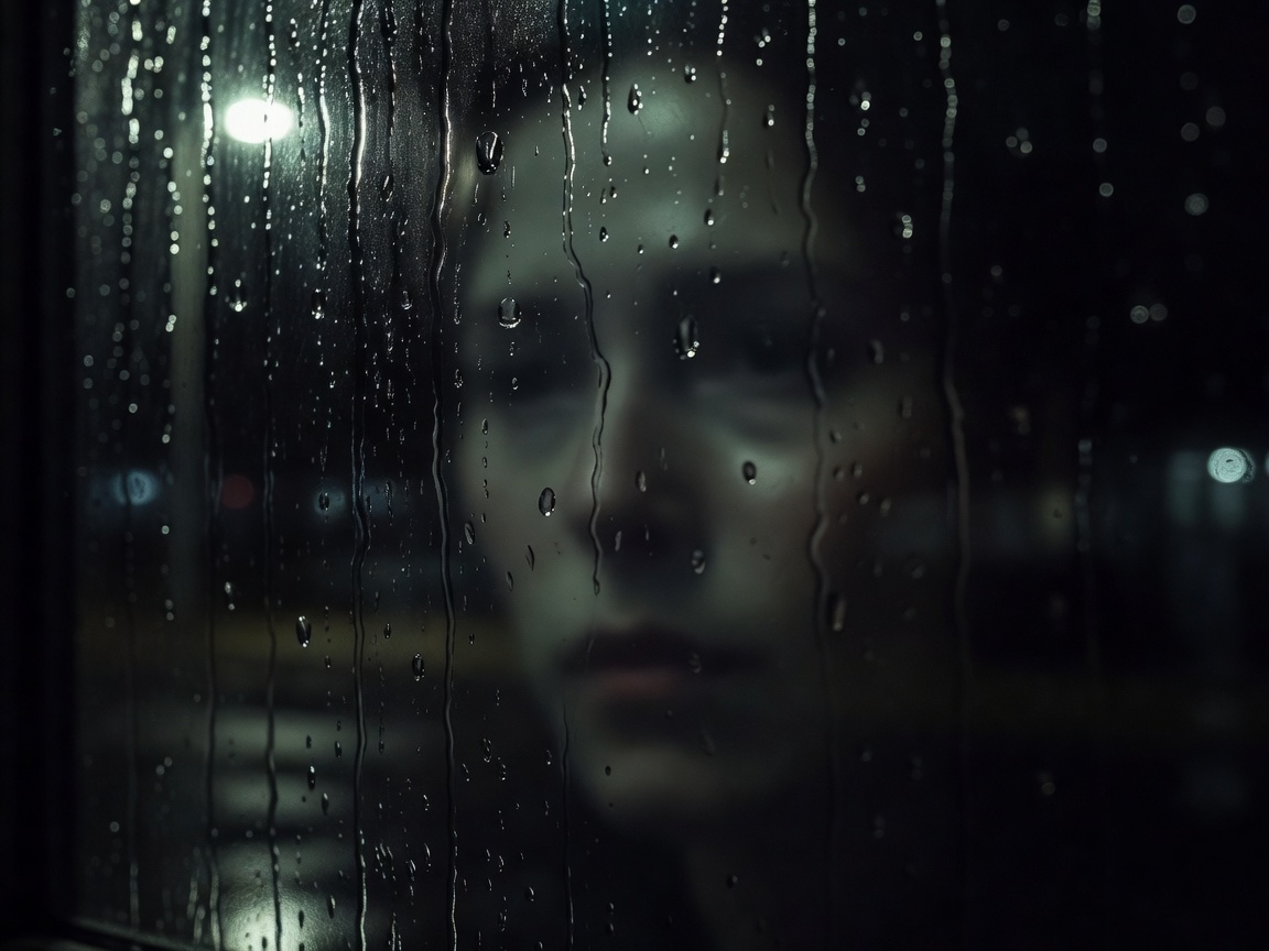 A face appearing indistinctly in a rain-darkened window reflection
