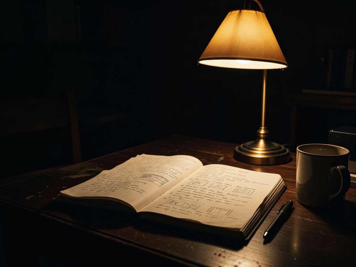 An open notebook beside a warm desk lamp in an otherwise dark room